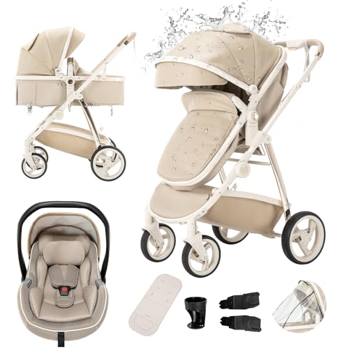 Gcarebb PU Leder 3 in 1 Kinderwagen, Buggy Mit Auto Babyschale, Mit Einem Klick Zusammenklappbarer Tragbarer Kinderwagen Komplettset, KombiKinderwagen Mit Aluminiumrahmen für Neugeborene 0-4 Jahre