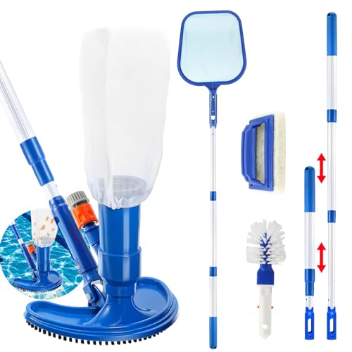 Pool Reinigungsset, 5-Teiliges Pool Zubehör mit Poolkescher, Bodensaugerkopf, Teleskopstange, Bürste und Schwammbürste, Pool Maintenance Kit für alle gängigen Poolgrößen