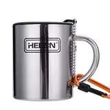 HEECN® Camping Becher Mit Deckel und Karabiner - Edelstahl Tasse - Thermo - Kaffeebecher - Doppelwandige Isolierbecher BPA-frei HESS-038BBK 260ml Mit Drehbarem Trinkdeckel