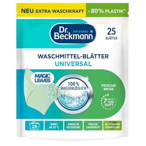 Dr. Beckmann MAGIC LEAVES Waschmittel-Blätter UNIVERSAL | vordosierte & wasserlösliche Waschblätter | platzsparend und leicht anzuwenden | 25 Blätter