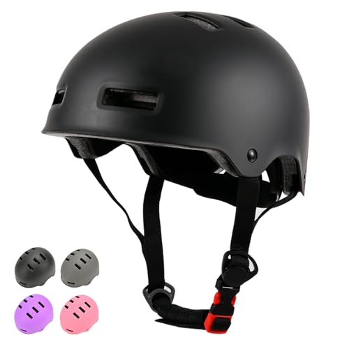 LOKJIJI Verstellbarer Kinder-Fahrradhelm für Jungen, Mädchen, Jugendliche, Erwachsene, Kinder-Schutzhelme für Multi-Sport-Skateboard, Roller, Fahrrad, Radfahren, Skaten, Rollerblading, Schwarz, Größe