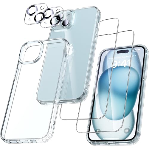 UniqueMe 5-in-1-Set für iPhone 15 Plus Hülle, [Nie Vergilbung] Handyhülle für iPhone 15 Plus Case Rundumschutz Schutzhülle Cover [1 Handyhülle+2 Schutzfolie+2 Kameraschutz] Transparent