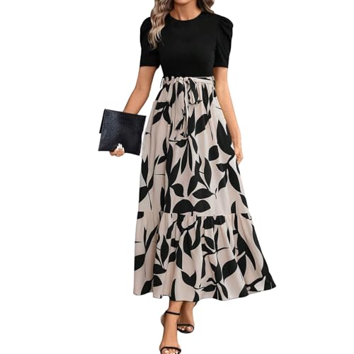 Sommerkleider Leicht und Luftig Maxikleid Elegant Kurzarmkleid Kurzarm Rundhals Strandkleid Freizeitkleid Urlaubs Swing Kleider Blumenkleid Karneval Tunikakleid Swing Kleider(2-Light Gray,M