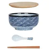 Japanischer Ramen Schüssel Großer Suppenschüssel mit Deckel Löffel，Vintage Ramen Bowl aus Keramik，Salatschüsseln，Instant Nudel Schüssel - 900 ml (Wasser kräuseln)
