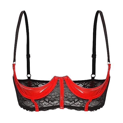 FEESHOW Damen Hebe BH Brust Offen Transparente Spitze/Leder Bra Mit Bügel Verführerische Dessous Reizwäsche Oberteile A_Rot 5XL