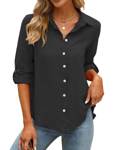 Odosalii Bluse Frauen Sexy 3/4 Arm Herbst Tunika Einfarbig Leichte V-Ausschnitt Tops Lässige Basic Locker Musselin Hemdbluse Button Up Office Sekretariat Oberteil Oberteile Tshirts(Schwarz,Large)