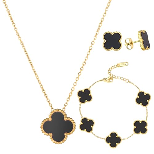 18k Vergoldet VierbläTtriges Kleeblatt Schmuckset VierbläTtriges Kleeblatt Halskette Ohrringe Armband VierbläTtriges GlüCksklee Schmuckset FüR Damen Und MäDchen für Muttertags,Valentinstag,Schwarz