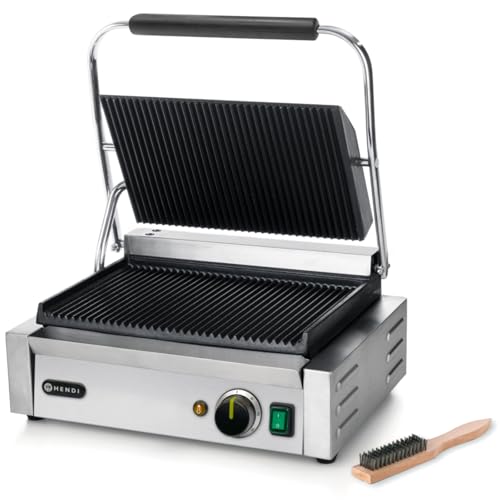 HENDI Kontaktgrill, Panini-, sandwich- & Kontaktgrill, Regelbar bis max. 300°C, Oberseite (H)530mm, Grillfläche 340x230mm, 230V, 2200W, 430x379x(H)210mm, Edelstahl