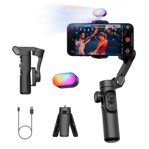 AOCHUAN 3-Achsen-Gimbal-Stabilisator für Smartphone, Gimbal mit magnetischem RGB-Fülllicht, verbesserte Gesichtsverfolgung, Fokusrad, Faltbarer iPhone-Gimbal für iPhone/Android-Aufnahmen-Smart XE Kit