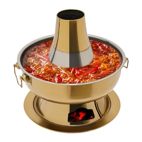 Campingherde Hot Pot aus Edelstahl Chinesischer Holzkohle-Hotpot 2.3 litre,mit Löffel,undichten Löffel,chinesisches Fleischfondue Lammkocher im Freien Picknickkocher für 3-4 Personen,Messing Farbe