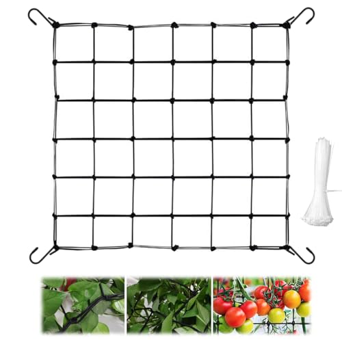 Wachsen Zelt Netz, Scrog Netz 50 x 50cm Elastische Spalier Netz Grow Netz mit 4 Haken und 100 Kabelbinder Ranknetz Passend Unterstützung für Gartenzeltsysteme für Garten, Balkone, Hof, Gartenarbeit