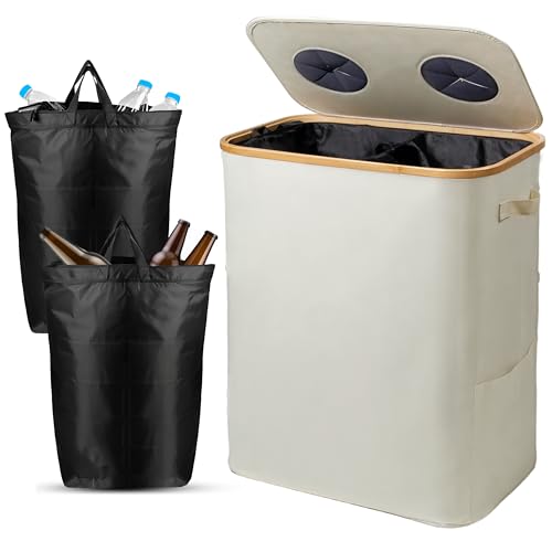 SYLANDO 140L Pfandflaschen Sammelbehälter mit Deckel & XXL Tragetaschen, Flaschensammler für Leergut & Altglas, 2 Fächer Organizer mit Lochdesign, Recycling Behälter für Küche & Abstellraum (Beige)