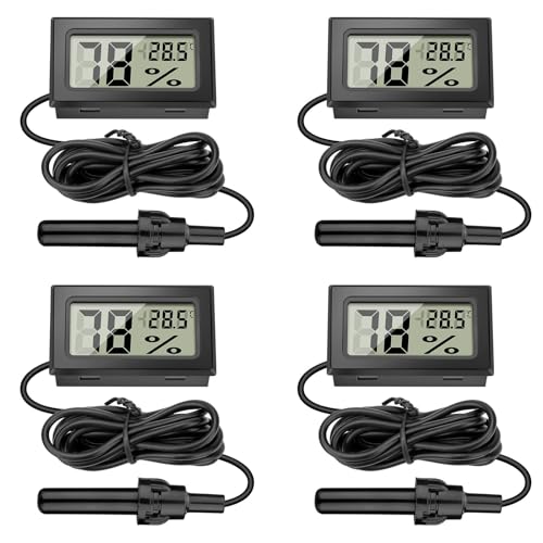 EEEKit 4 Stück Mini LCD Digital Hygrometer Thermometer mit Fühler und 1.5m Kabel, Temperatur-Feuchtigkeitsmesser für Reptilien Inkubator Gewächshaus (℃)