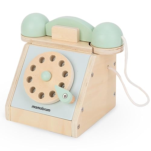 Mamabrum, Retro Holztelefon - Neu, bewegliches Zifferblatt, Pastellfarben, Kopfhörer an das Telefon angeschlossen, für Kinder ab 3 Jahren