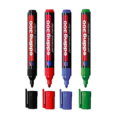 4er Set edding Permanentmarker edding 300, nachfüllbar, 1,5 - 3 mm [Grundfarben] schwarz, rot, blau und grün