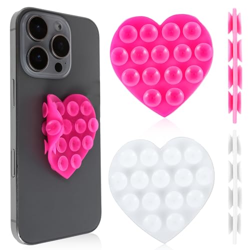 JIEYAO 2 Stück Herzform Doppelseitiger Handy Saugnapfhalter,Süße Silikon Saugnapf Handyhalterung Mehrzweck Handyhalter Klebriger Handy-Griff Handy Zubehör für Selfies und Videos, für alle Handys