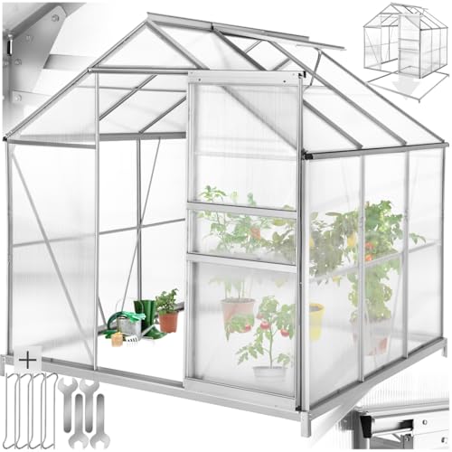 tectake® Aluminium Gewächshaus, 190x185x195 cm, Treibhaus, Tomatenhaus, Frühbeet, Pflanzenhaus, UV beständig, 4 mm Platte, Schiebetür & Dachfenster, Schutz vor Kälte, Regen und Frost - mit Fundament