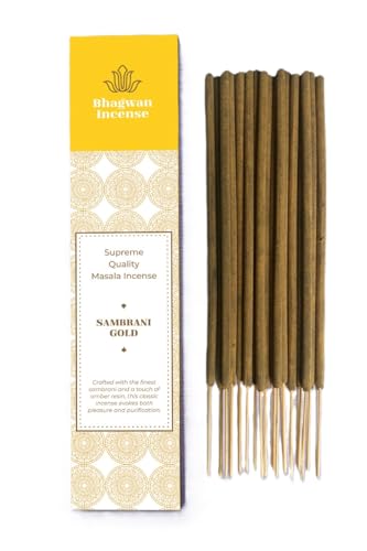 Bhagwan Incense Sambrani Gold Räucherstäbchen – Premium, Dicke Stäbchen, empfohlen von Sadhguru, natürliche Räucherstäbchen zur Reinigung, für Yoga und Meditation – 15 Gramm Packung