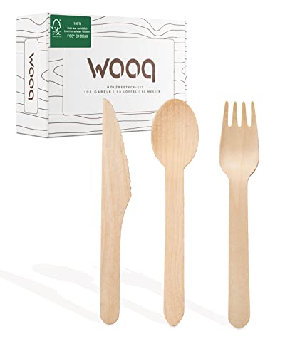 wooq Premium Holzbesteck Set 200-teilig FSC-zertifiziert (100 Holzgabeln, 50 Holzlöffel, 50 Holzmesser Holz Besteck) Einwegbesteck kompostierbar in wiederverschließbarer Pappbox