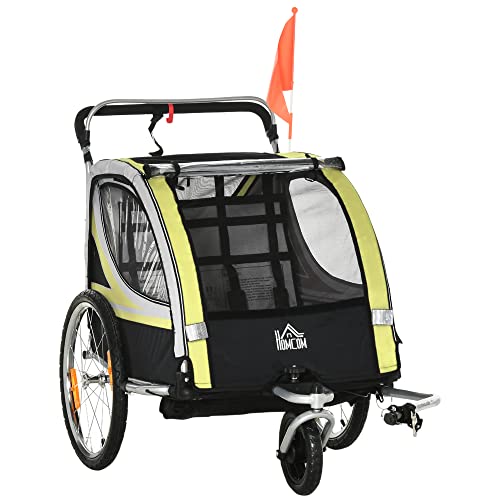 HOMCOM 2 in 1 Kinderfahrradanhänger, Kinderanhänger, Fahrradanhänger mit Mesh-Tür, 360° Drehbares Vorderrad, Buggy mit Bremse, Anhänger, Gelb+Schwarz, 142 x 75 x 101 cm