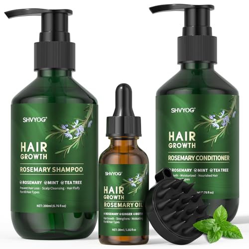 Rosmarin Shampoo Conditioner Set, Haarwuchsöl mit Rosmarin Minz Biotin, Shampoo gegen Haarausfall, reinigt das Haar und spendet ihm Feuchtigkeit, Mit Kopfhautmassagebürste, 200ml*2+30ml