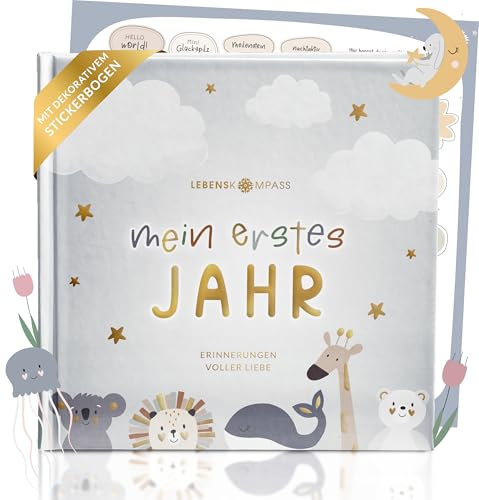 Lebenskompass Babyalbum Mein erstes Jahr "Air" mit über 75 Stickern & Spruchkarte EXTRA - Ein Baby Buch zum Eintragen - Das Babytagebuch & Erinnerungsbuch für Mädchen & Jungen