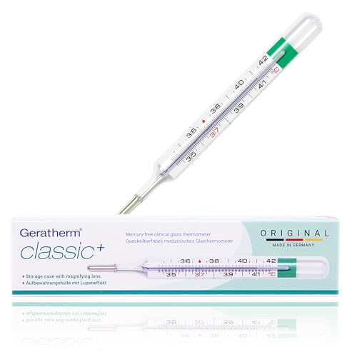 GERATHERM classic+ Fieberthermometer analog plus Aufbewahrungshülle mit Lupeneffekt/leichtes Ablesen der Messwerte/Glasfieberthermometer ohne Quecksilber und ohne Batterien/Made in Germany