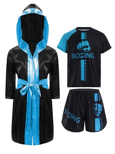 Kaerm Kinder Junge Kampfsport Kleidung Muay Thai Anzug Langarm Boxer Mantel Boxen Kapuzenuamhang Mit Sportshirt Shorts Boxer Kostüm Himmelblau 122-128