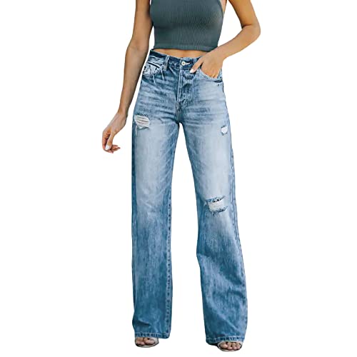 rtdgcv Jeans Damen Bootcut Stretch Damen Dehnbare, hoch taillierte, gerade Hose, zerrissene, lässige, gerade Jeanshose Jeanshosen Herren Zerrissen Hosen Damen Jeans Baggy