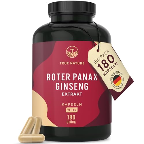 Roter Panax Ginseng | 180 Ginseng Kapseln - Entspricht 4.800mg/Kapsel (8:1 Extrakt) - 20% Ginsenoside - Ohne Zusätze - Vegan, laktose- & glutenfrei - TRUE NATURE