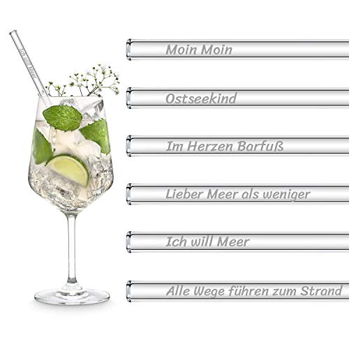 HALM Ostsee Sprüche Edition | 6 Stück gerade 20 cm mit Gravur | Moin Moin norddeutscher Humor Geschenk | Wiederverwendbare Glas-Trinkhalme graviert - Glasstrohalme