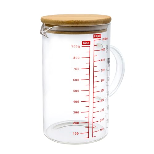 Messbecher 1L, Shodiffy Glass Messbecher Heat Resistant Glasbehälter mit Bambusdeckel Skalierung für Liter Milliliter Tassen und Gramm Transparent