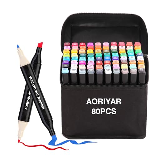 Aoriyar Marker Stifte 80 Farben, Alkohol Kunst Marker Färben Künstler Stifte Dual Tip Marker Stifte Set für Erwachsene Studenten Manga Skizze Zeichnen Skizzieren Unterstreichung Illustration Malerei