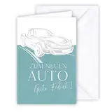 KE - Coole Glückwunschkarte zum neuen Auto, Format B6, Moderne Druckkarte Neues Auto, weißer Karton, silberne Folienprägung, Motiv: Auto - Gute Fahrt