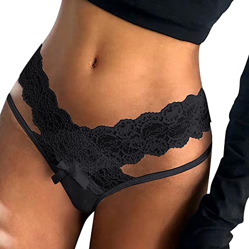 Sexy Höschen mit Offenem Schritt Pantys Höschen Spitze String Tanga Lace Lingerie Reizwäsche Unterhose Thong Atmungsaktiv Sexy Dessous Tanga G String Spitze Slip Ouvertslip Dessous (01-Black, L)