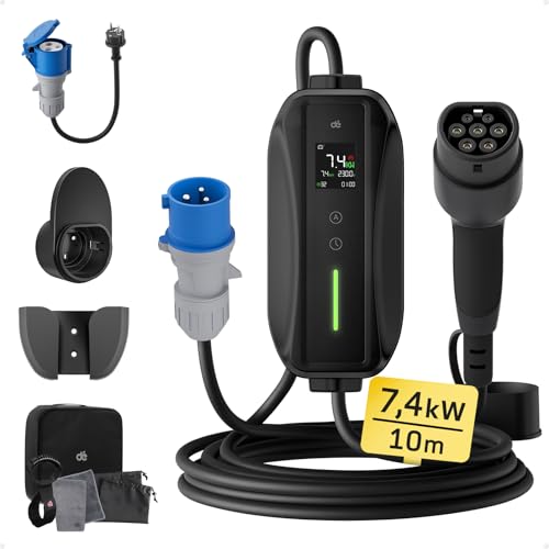 dé Ladekabel Typ 2 CEE Stecker 7,4kW [1-phasig|10m|6-32A] mit Einstellbarer Ladeleistung, EV-Ladegerät und Mobile Ladestation/Wallbox für ID.3, ID.4, ID.5, Model Y / 3, e-up, e-tron, Zoe und andere EV