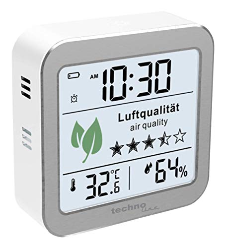 technoline WL1020 Luftgütemonitor zur Überwachung der Raumluftqualität, Nachfolger des WL1005, Temperaturanzeige, Luftfeuchteanzeige, Alarm bei schlechter Luftqualität, silber, weiß