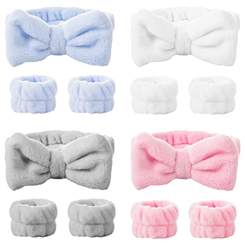 Heyu-Lotus 4 Stück Bowknot Haarbänder Kosmetik mit 4paar Abschminkband Handgelenk Waschband Frauen Gesicht Wasch Armbänder Haarband Elastisches Stirnband für Frauen Mädchen Duschen Waschen