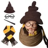 Xanewza 4 PCS Neugeborene Fotografie Requisiten Set Halloween Zauberer Hut Schal Zauberstab Brille Rahmen Häkeln Baby Foto Requisiten Halloween Baby Kostüm Magic Party