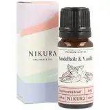 Nikura Sandelholz und Vanille Duftöl - 10ml | Perfekt für die Seifen- und Kerzenherstellung, Wachsmelts, Diffusoren für Zuhause, Aromabrenner | Ideal zur Nutzung in Badebomben, Parfümduft, Kerzenduft