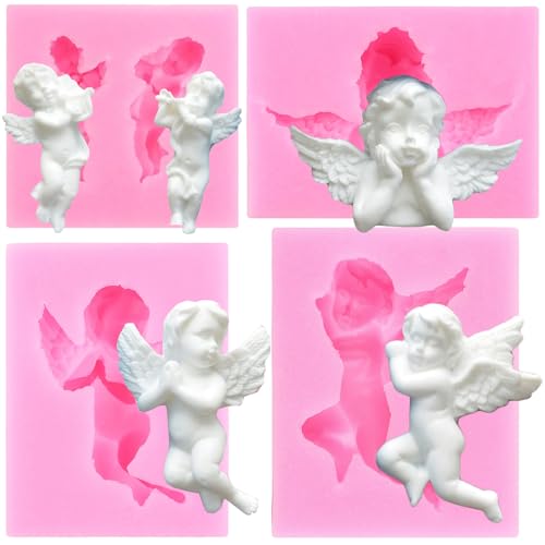 RFGHAC Baby Angel Silikon-Fondantformen für Zucker, Kuchen, Dekoration, Cupcake-Topper, Süßigkeiten, Schokolade, Gummipaste, Polymerton, 4 Stück