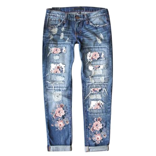 Generisch 2025 Trendy Jeans mit Blumenmuster für Damen mit zerrissenen Knien, stilvolle und Bequeme Jeanshose im Skinny Fit Jeanshosen Herren Stretch (Dark Blue, L)