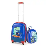 GOPLUS Kinderkoffer mit Rucksack, Kids Trolley, Kindergepäck mit Rollen, Reisekoffer mit Teleskopgriff, Hartschalenkoffer für Kinder, Kindertrolley Farbwahl (Dinosaurier, 12"+18")