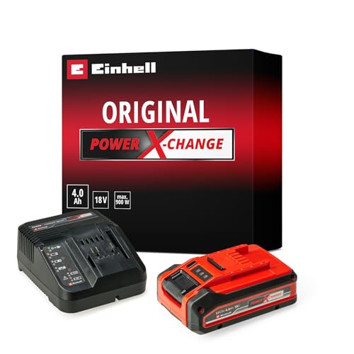 Original Einhell 4 Ah Plus Power X-Change Starter Kit (1x 18 V 4 Ah Plus Akku, 1x 3 A Ladegerät, 75 min Ladezeit, passend für alle Power X-Change Geräte)