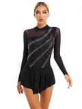 Freebily Damen Eiskunstlaufkleid Langarm Mesh Eislaufen Ballettkleid Tanz Trikot Mit Strass Glitzer Gymnastikanzug Skating Kleid Schwarz S