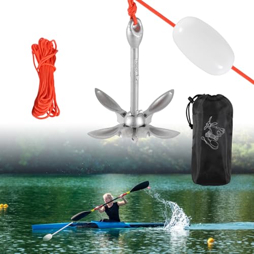 Jiubiaz 0.7kg verzinkter Anker, Kajakanker, Faltanker, Ankerset, inkl. 20m Ankerleine/12cm PP-Schwimmer/Federhaken/Aufbewahrungstasche für Boot SUP-Paddel, Silber
