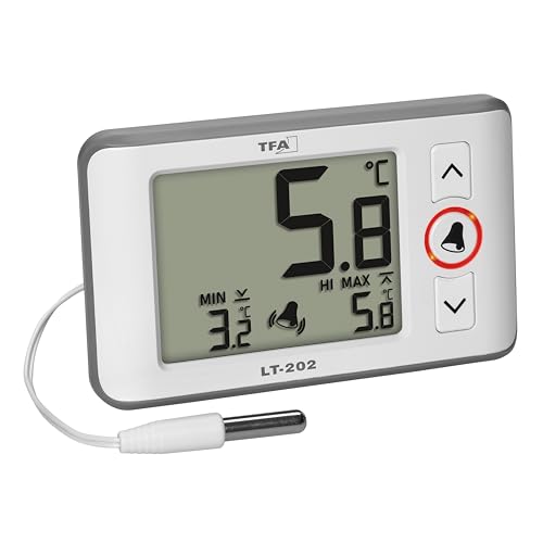 TFA Dostmann Digitales Profi-Thermometer mit wasserdichten Kabelfühler LT202, 30.1052, permanente Anzeige der Max.-Min.-Werte, Temperaturalarm, für Aquarien/Kühlschränke geeignet (weiß)