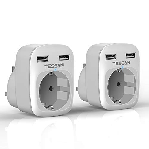 TESSAN 2 Pack Reiseadapter UK Adapter England Deutschland Stecker mit 2 USB, Steckdosenadapter Reisestecker Stromadapter für Irland Großbritannien Wand Ladegerät Ladestation, Adapter Steckdose