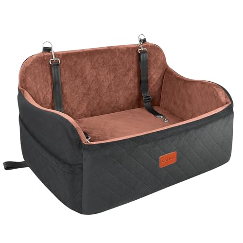 Lealchum Hundeautositz für mittelgroße Hunde, Hundesitz Automit verstellbaren Leinen, Komfort mit Memory-Schaum-Füllung, Sicherheitsreise pro Autositz mit Rutschfester Unterseite (Black/Brown, Large)