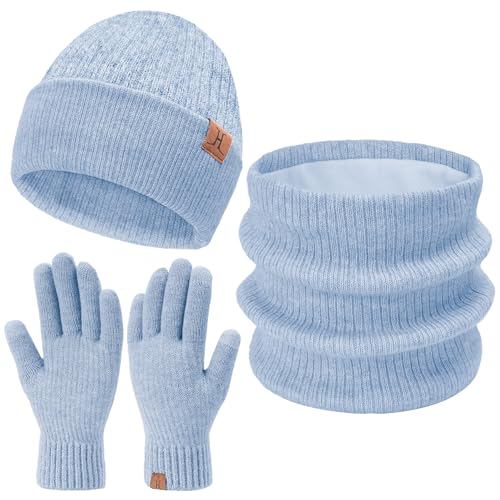 Damen Herren Winter Warm Beanie Mütze Loop Schal Schlauchschal Touchscreen Handschuhe Set mit Fleece Gefütterte Wintermütze Strickmütze Mützen Frauen Geschenk Weihnachten, (3 Stück) Blau